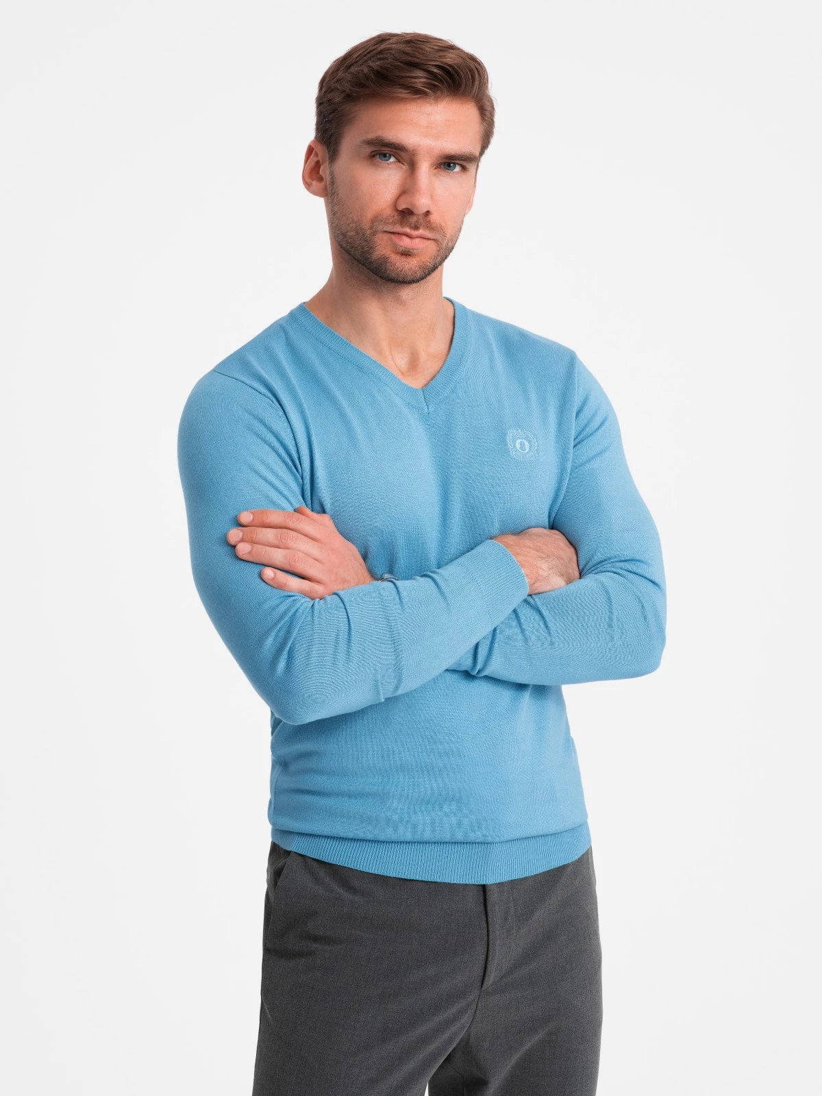 Elegant men’s BASIC V-neck sweater with viscose – blue V21 OM-SWBS-0107