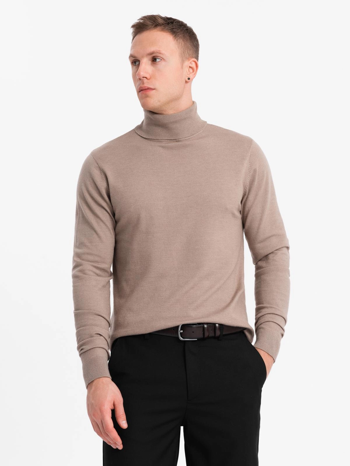 Men’s knitted turtleneck with viscose – dark beige V3 OM-SWTN-0127