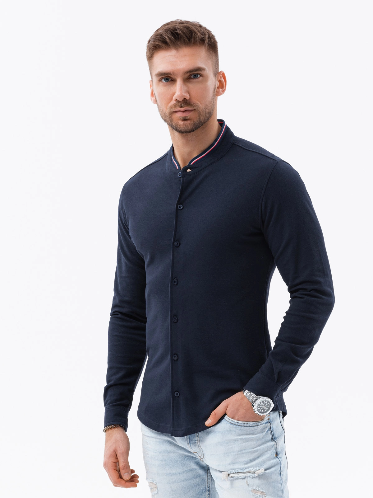 Men’s long sleeve knit shirt – navy blue V2 K542