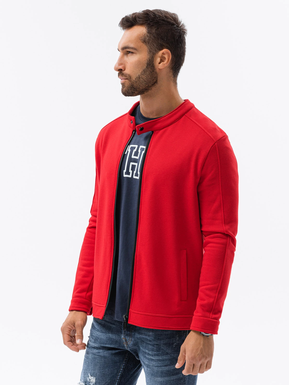 Men’s unbuttoned sweatshirt with stand-up collar – red V6 OM-SSZP-22FW-005