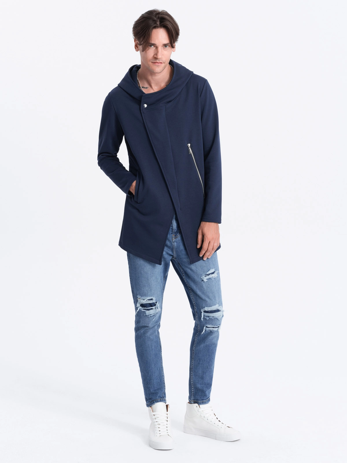 Men’s long sweatshirt with asymmetrical button-up HAGA – navy blue B668