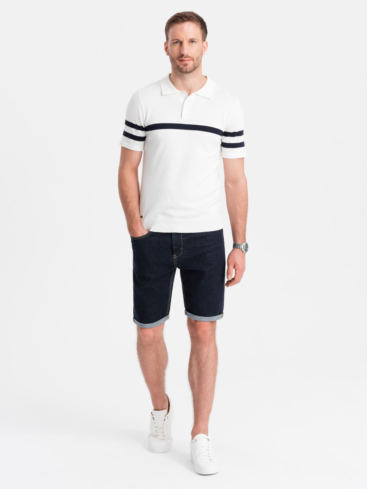 Men’s denim shorts with rolled up legs – navy blue V1 OM-SRDS-0134