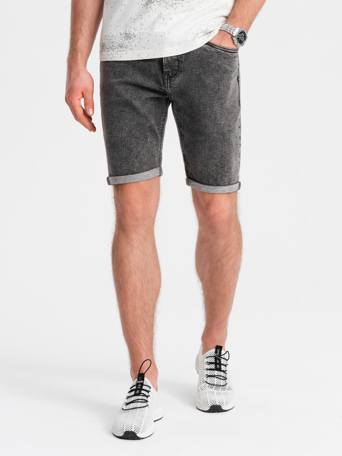 Men’s denim shorts with rolled up legs – gray V3 OM-SRDS-0134